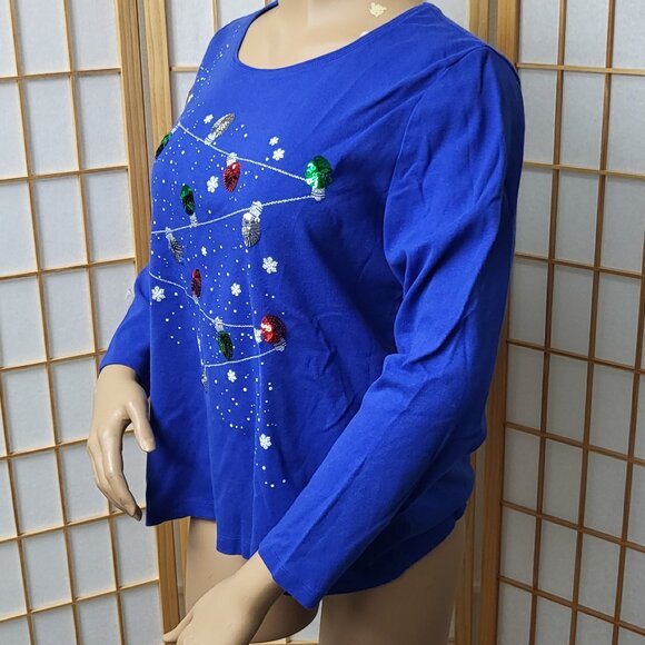 Karen Scott royal blue long sleeve Christmas holiday t-shirt sequin lights EUC - Picture 3 of 8
